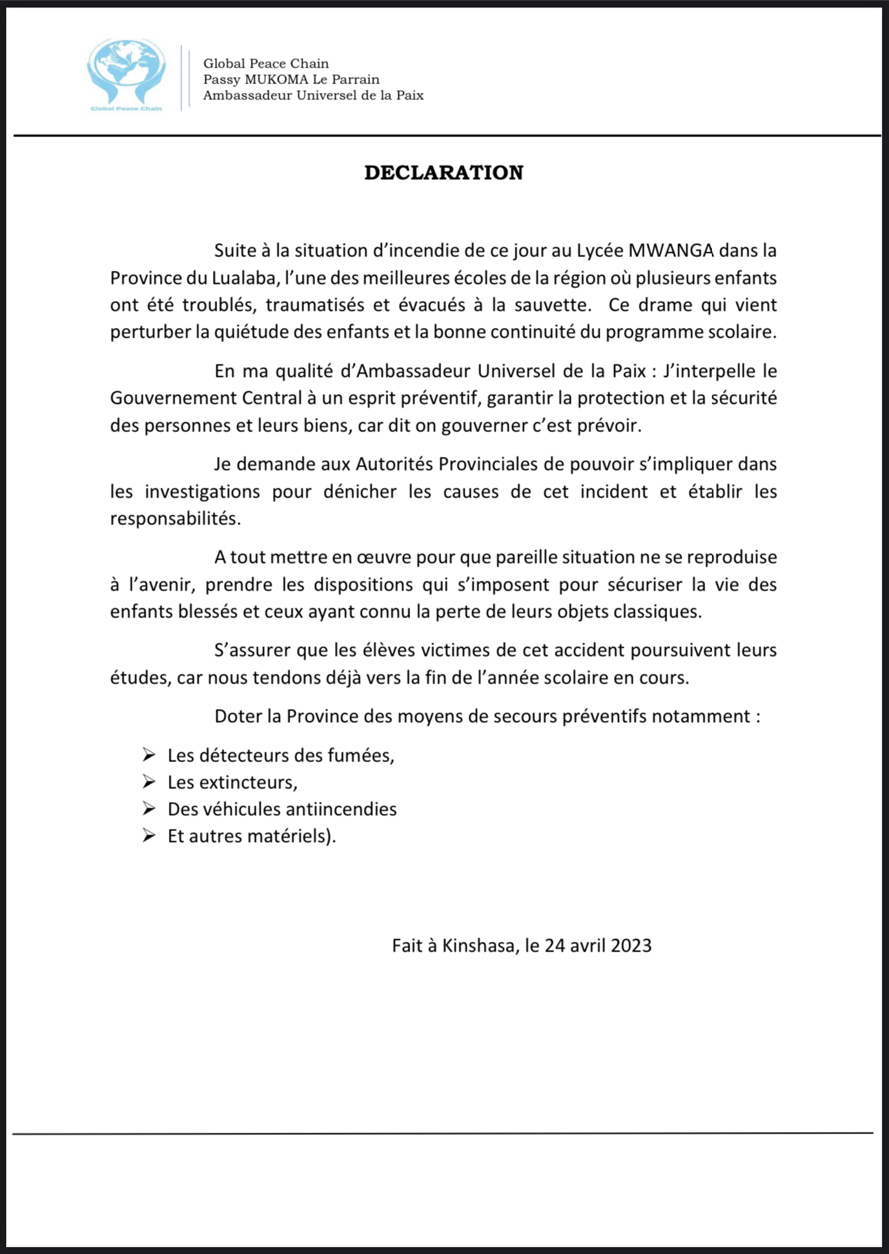 Incendie au Lycée Mwanga || Lualaba